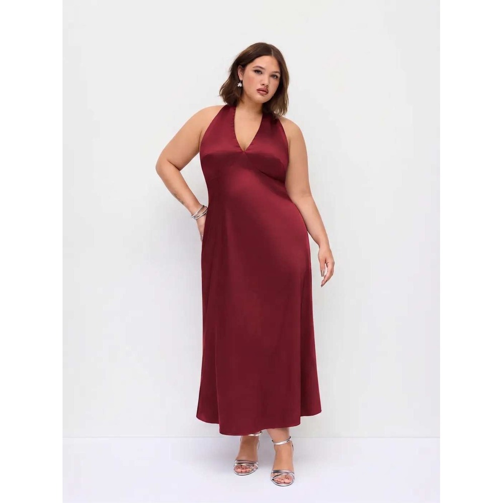 Cider Burgundy Satin Halter Maxi A- Line Dress Low Back Formal Gown 2XL